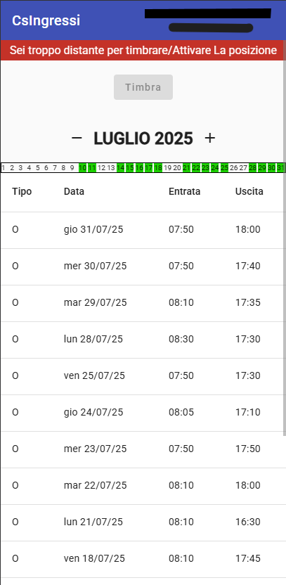 Schermata dell'applicazione mobile per la timbratura.